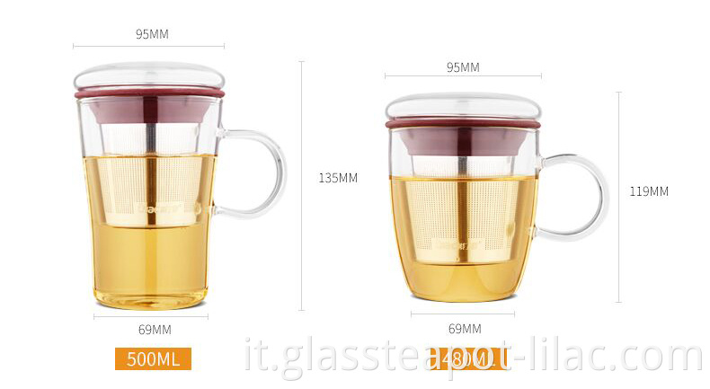 Campione gratuito lilla 480 ml / 500 ml produttore fornitore all'ingrosso tazze personalizzate in vetro trasparente di lusso per tè verde con coperchio e infusore